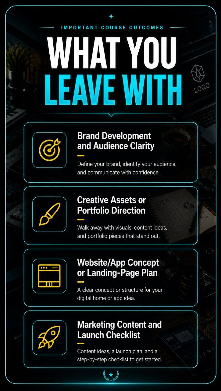Important course outcomes: What You Leave With — Brand Development and Audience Clarity; Creative Assets or Portfolio Direction; Website/App Concept or Landing-Page Plan; Marketing Content and Launch Checklist