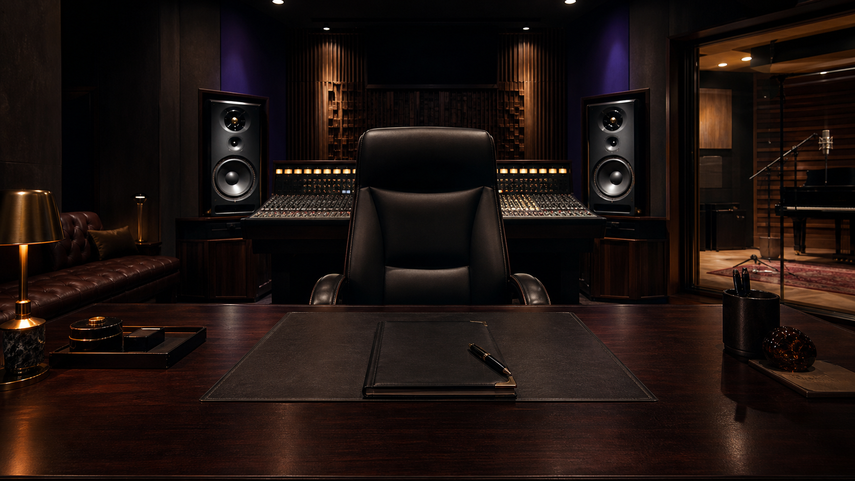 An executive recording studio office with an open chair and partnership agreement